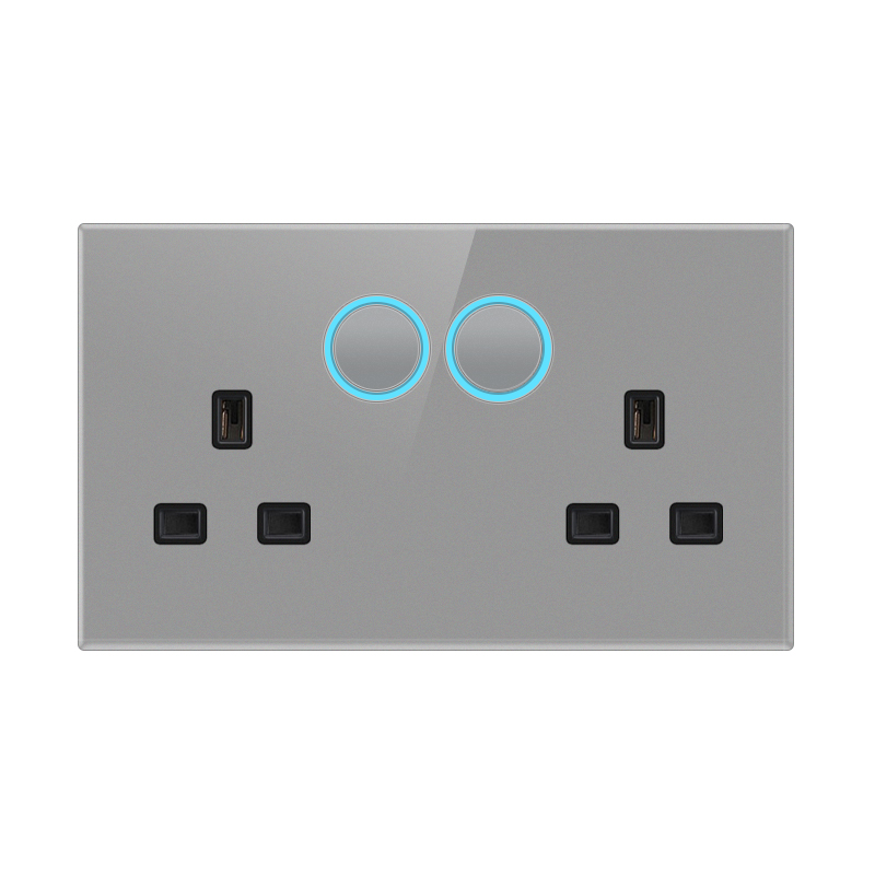 Tempered Glass Socket-B-1 Double UK Socket With Switch With Indicator Light-Grey